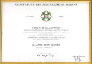 The Knighthood certificate by the Italian President